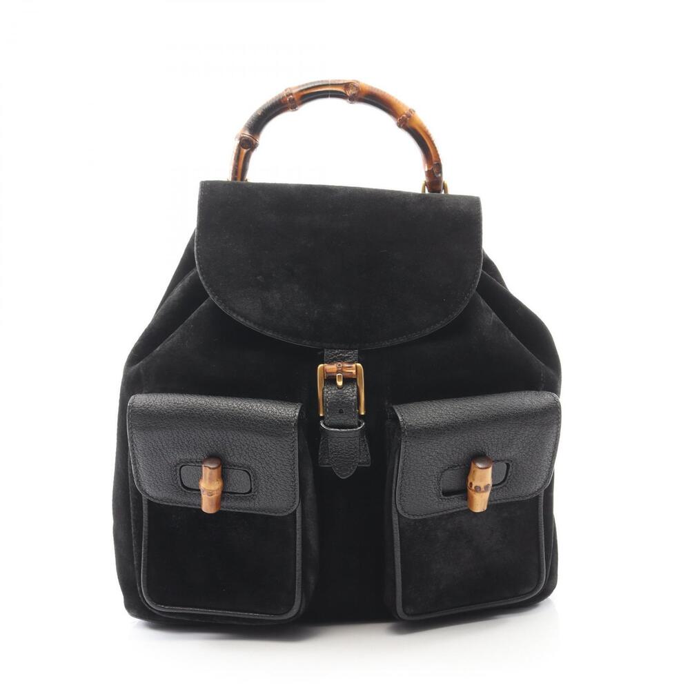 Gucci Bamboo Drawstring Backpack Rucksack Suede Leather Black